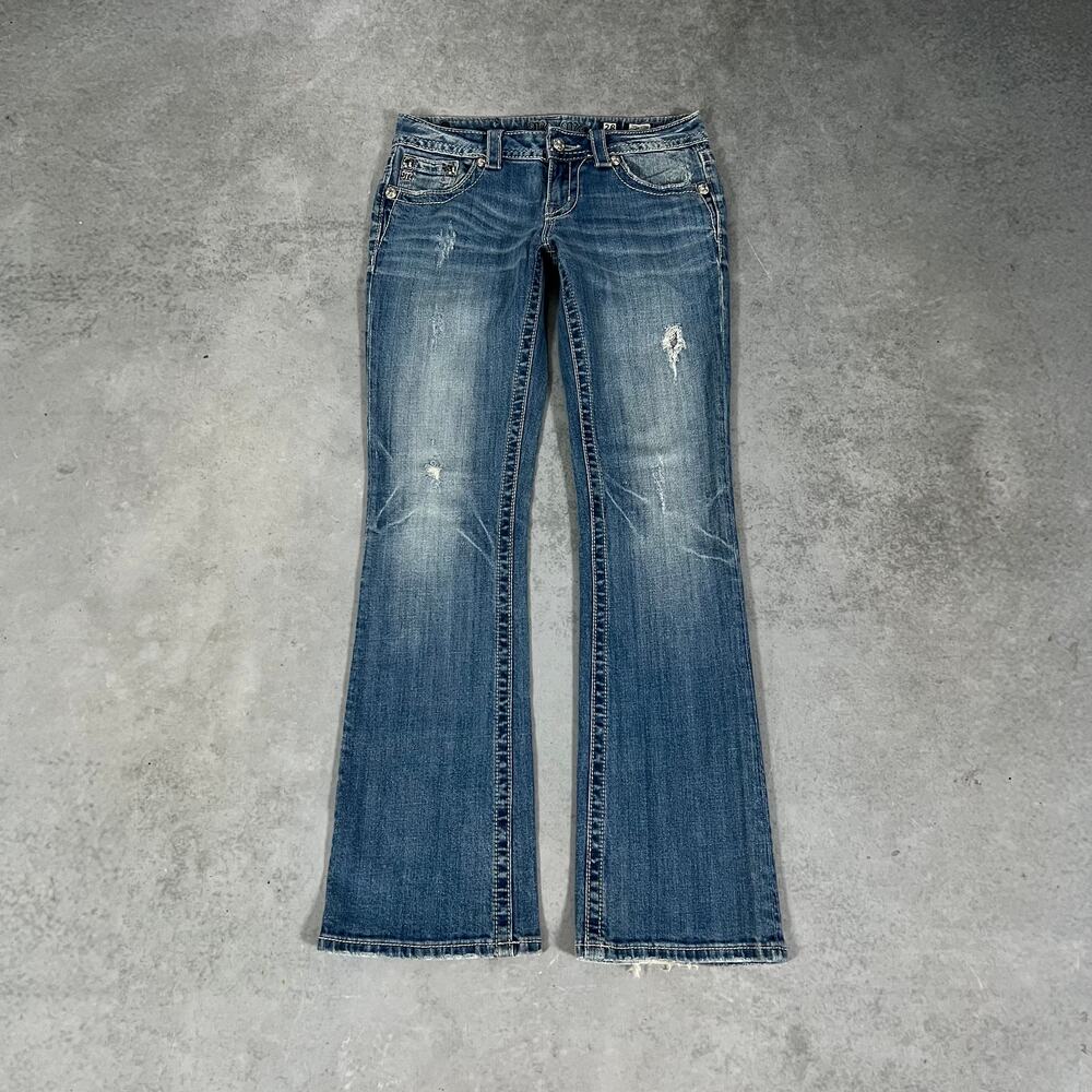 Miss Me Boot Cut Flare Low Rise Jeans Embellished Pocket Blue Womens - Size: 28
